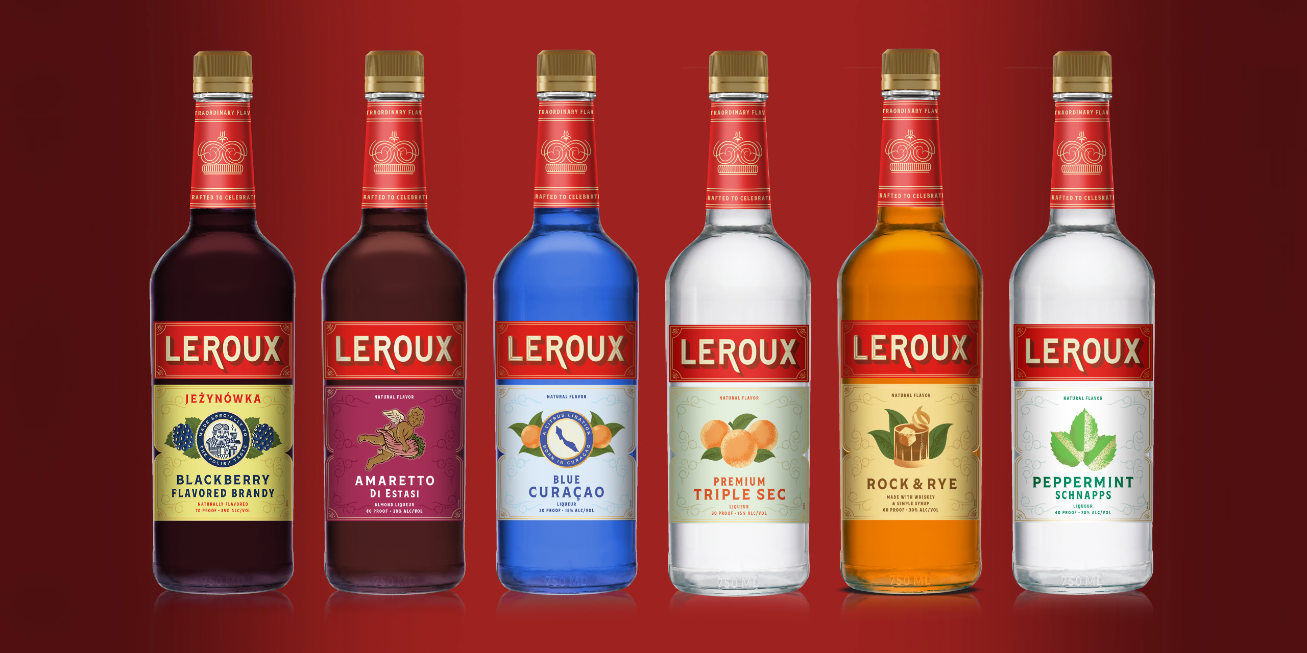 Six bottles of Leroux on a red background