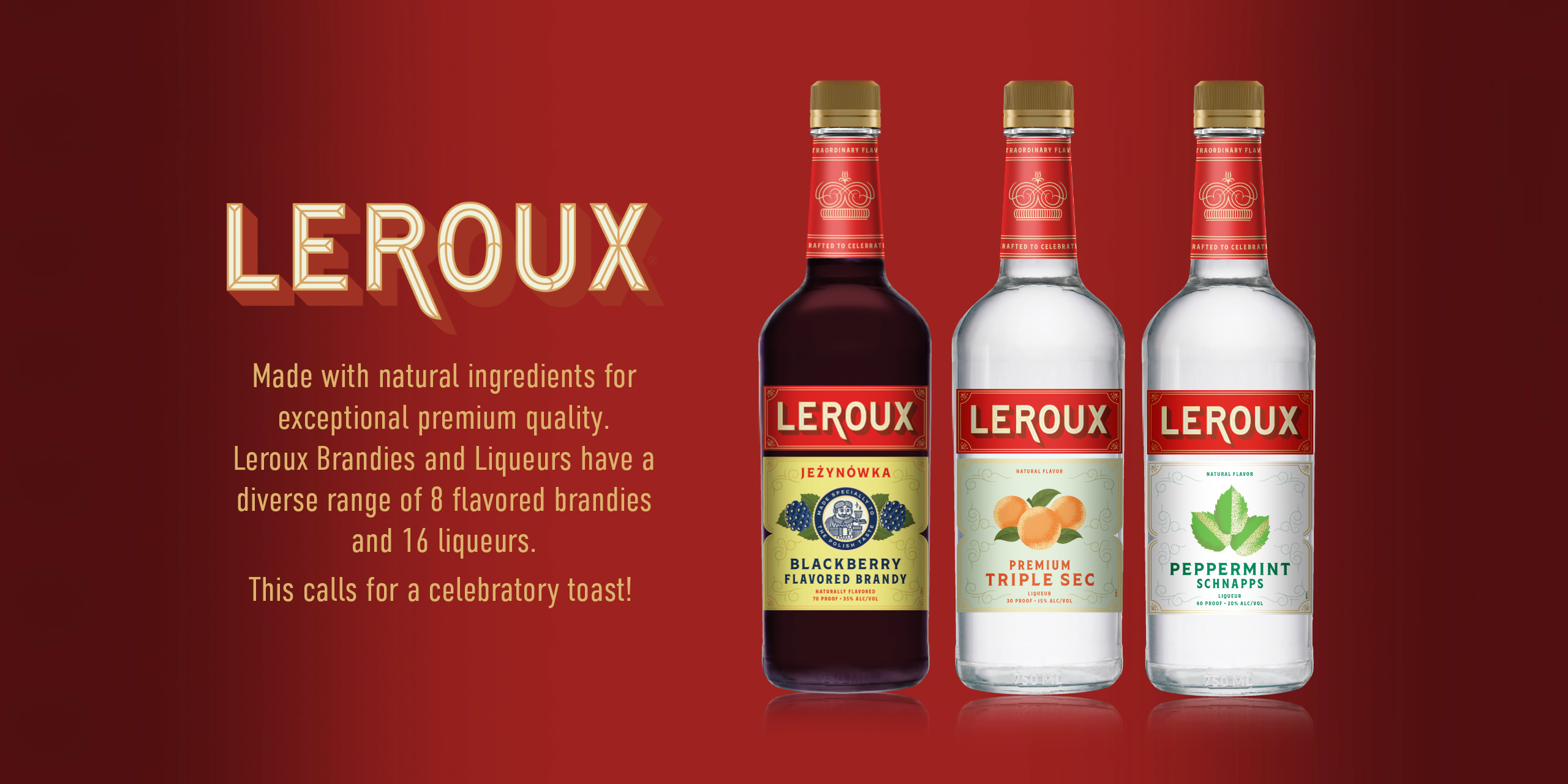 Three bottles of Leroux on a red background