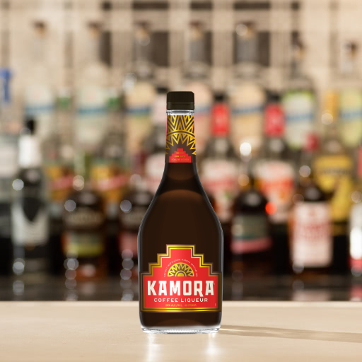 A bottle of Kamora on a bar