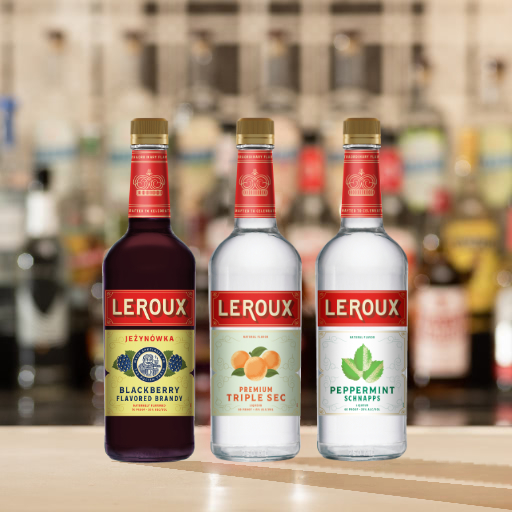 A bottle of Leroux on a bar