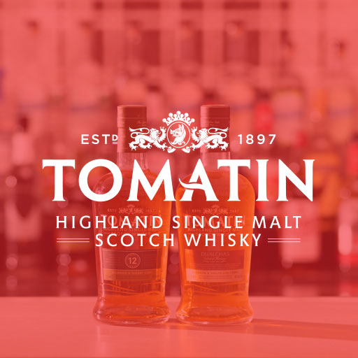 Tomatin logo on a red background