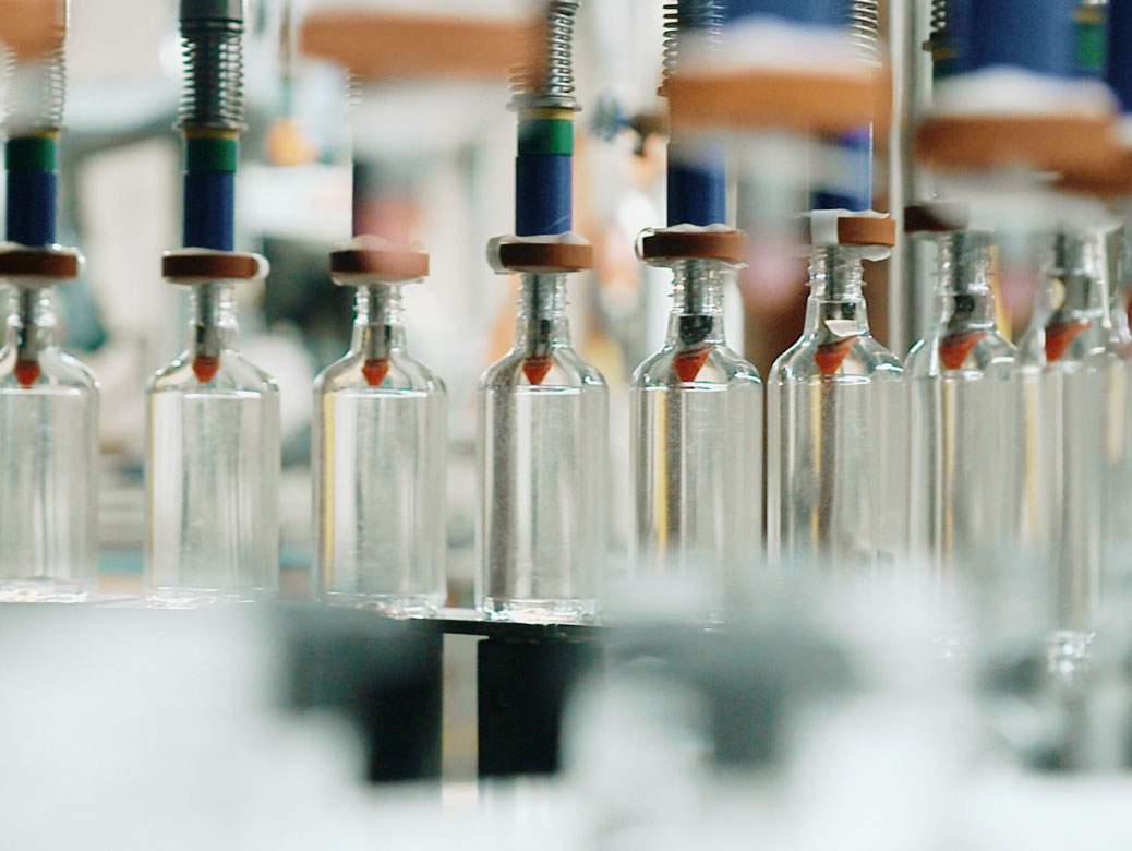 A top down view of a bottling line