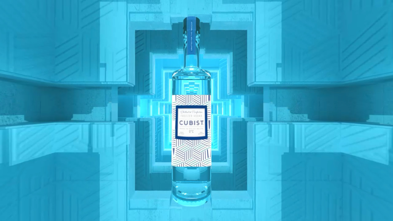 A bottle of cubist on a lively blue background