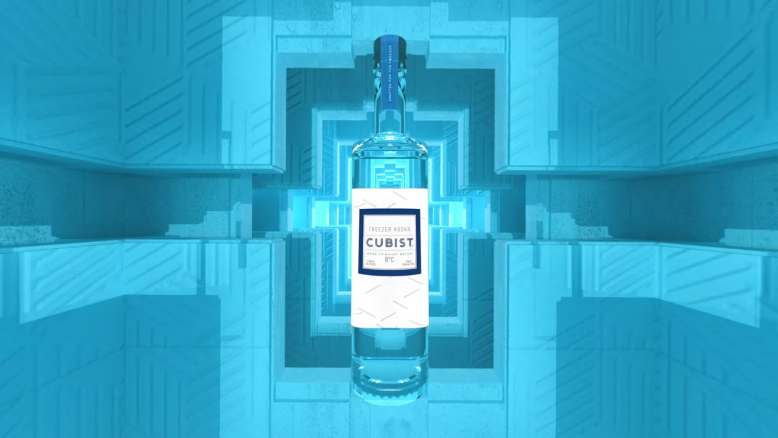 A bottle of Cubist vodka on a blue angular background