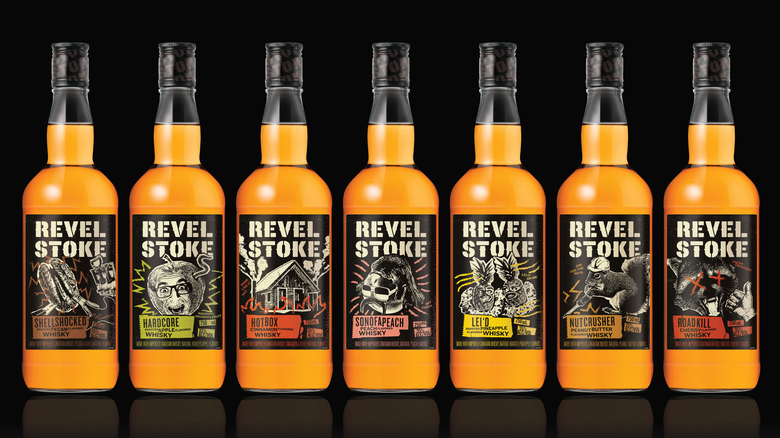 A row of Revel Stoke whiskey bottles on black