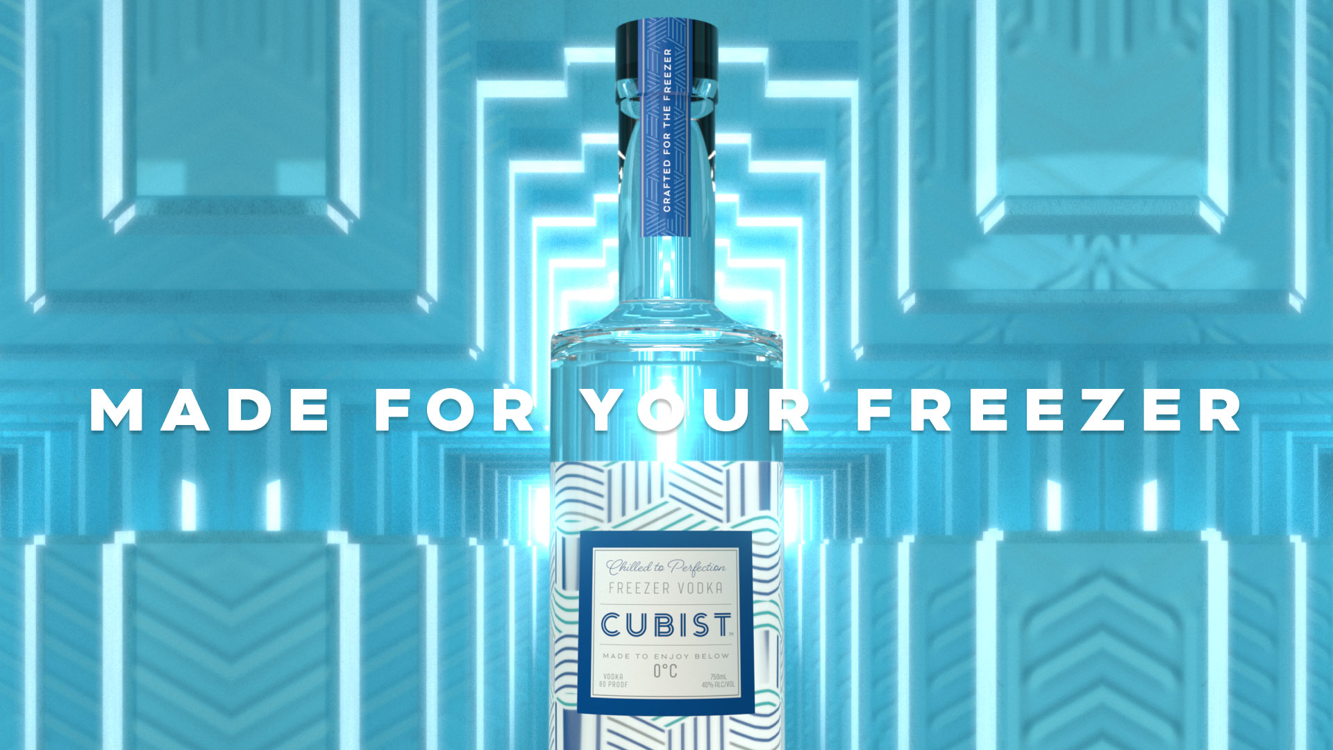 A bottle of Cubist vodka in front of an art deco background