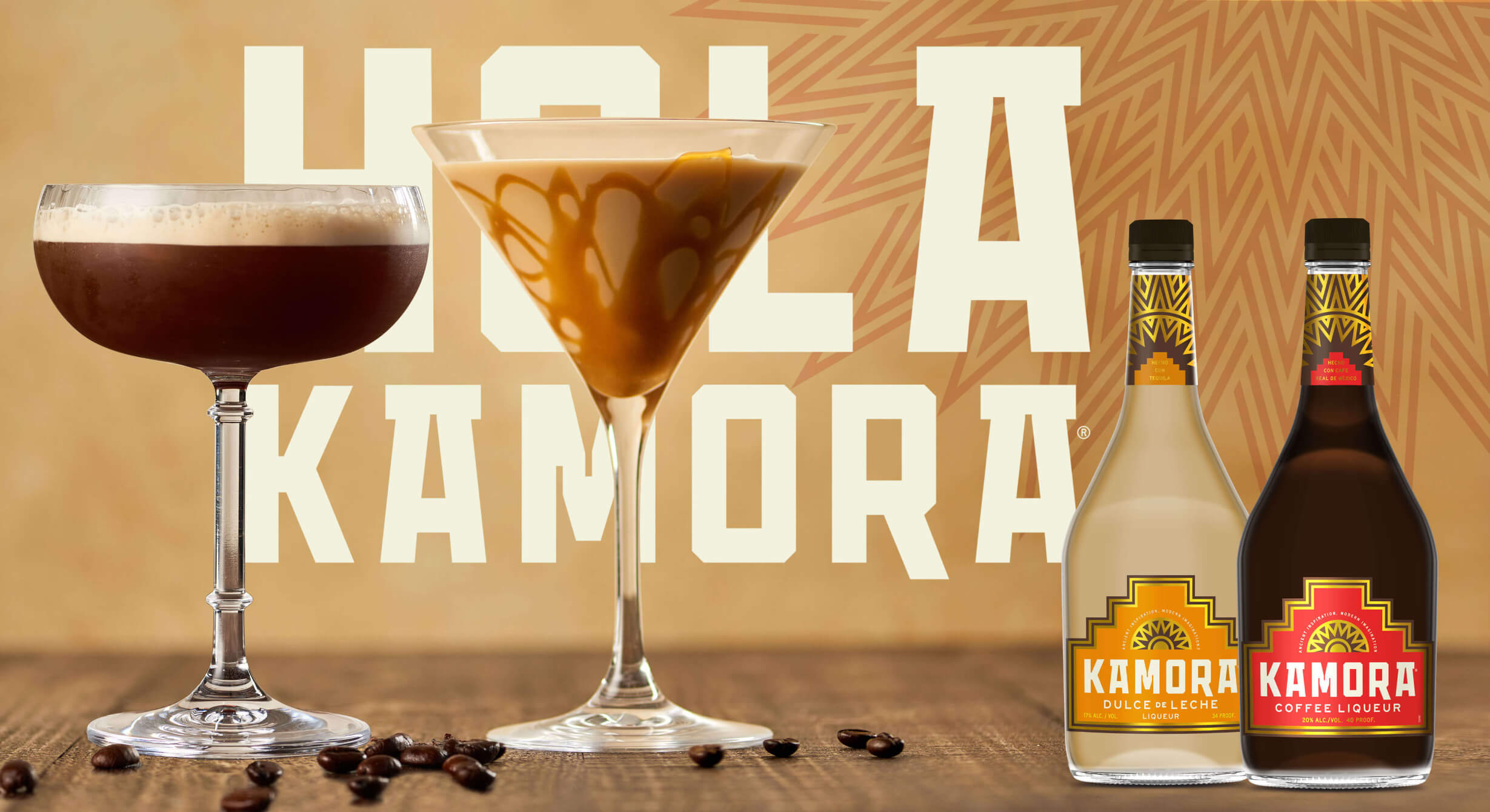 Two bottles of Kamora with two cocktail glasses